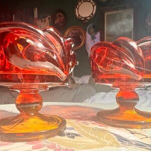 Vintage Amberina Indiana Glass Red and Orange Glass MCM taper Candle Holders